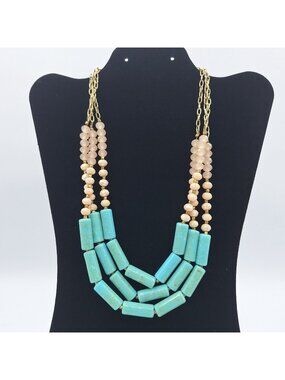 VINTAGE MULTI-STRAND BEADED NECKLACE TURQUOISE AND PINKISH-WHITE ACCENT BEADS